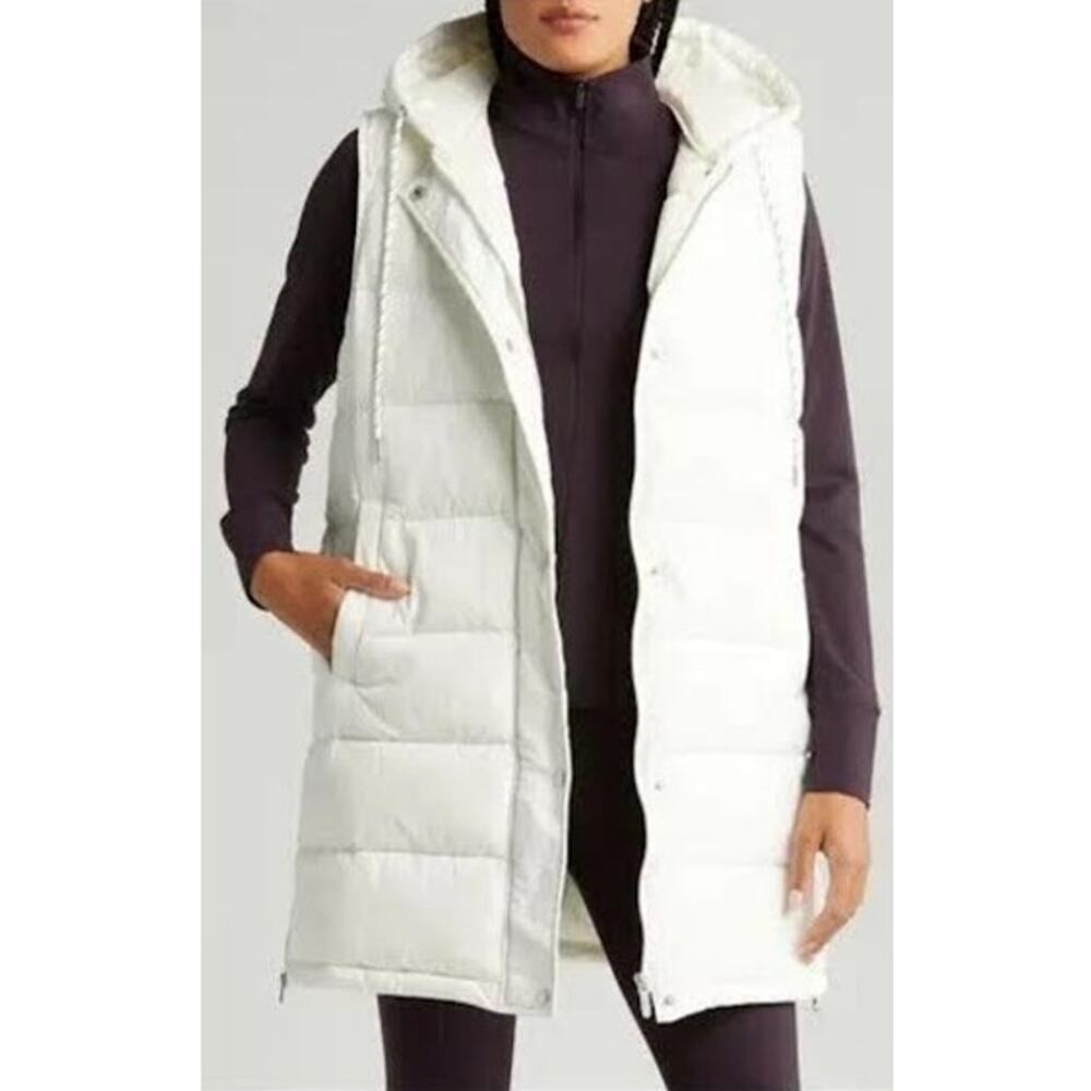 Zella Puffer Vest Sz L Longline White Hooded Full Zip Sporty Chic Gorpcore NWOT